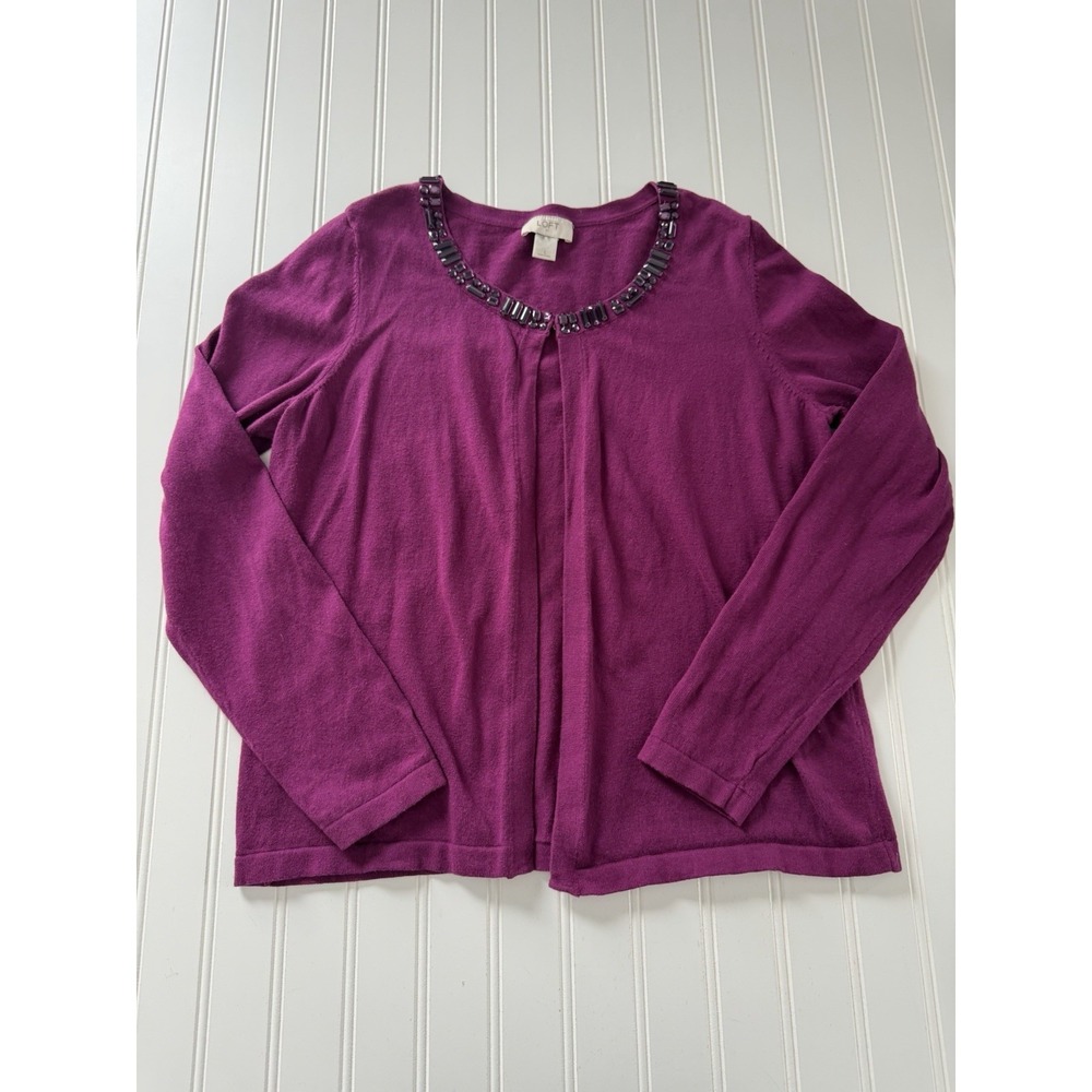 LOFT Women's Gemstone Collar Cardigan Large Purple‎ Cotton